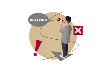 Creative retro 3d magazine collage image of screaming guy shouting toa bullying messages isolated painting background