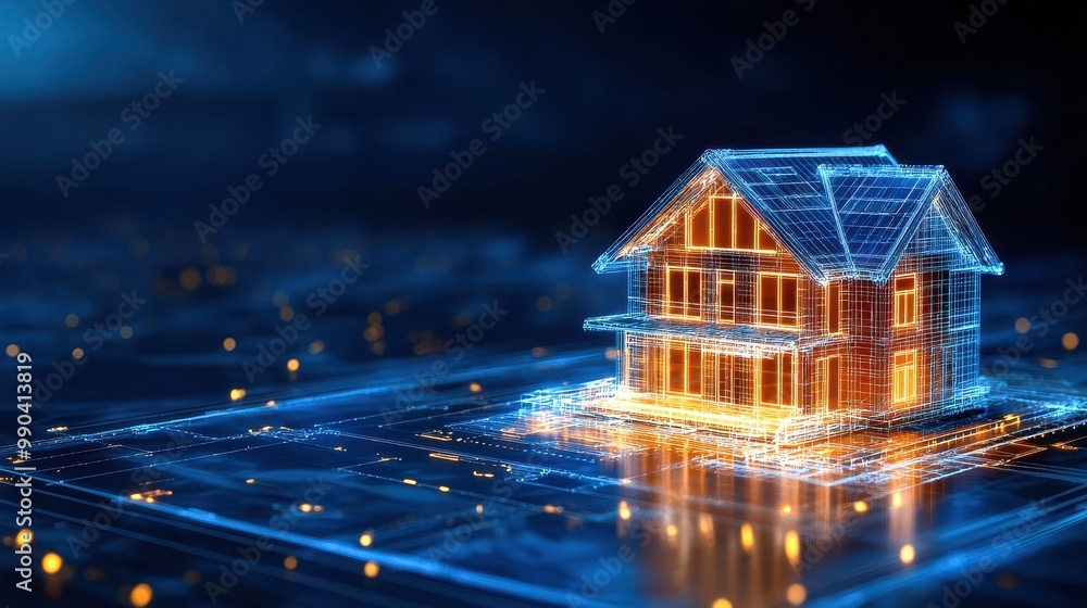 Poster a futuristic digital house design illuminated with lights, representing smart home technology and in