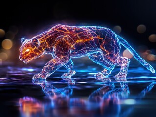 A glowing, digital representation of a tiger walking elegantly across a reflective surface with mesmerizing lighting effects.