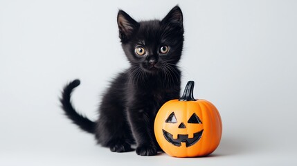 Black kitten with Halloween pumpkin on a white background