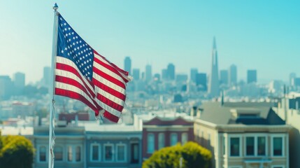 American flag fluttering in the wind, against a backdrop of a cityscape with a soft bokeh effect. with empty space for banner designs celebrating July 14th, Patriot Day, Labor Day, and other American 