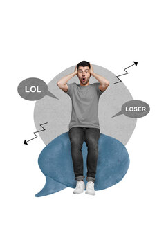 Photo collage artwork minimal picture of impressed upset guy getting trolling messages isolated drawing background