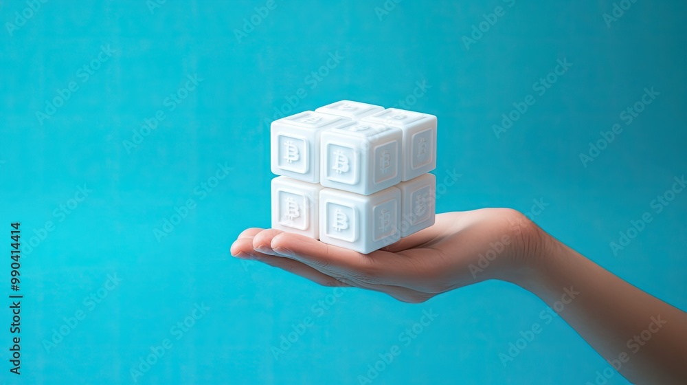 Poster a white cube with bitcoin symbols on all sides held by a hand, floating in front of a minimalist blu