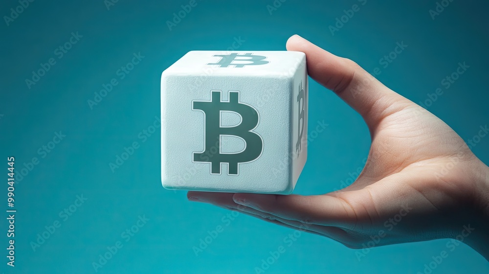 Poster a white cube with bitcoin symbols on all sides held by a hand, floating in front of a minimalist blu