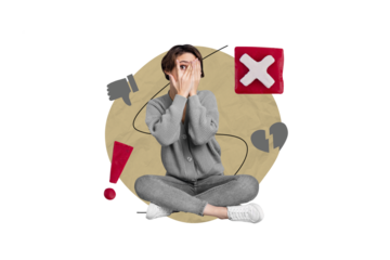 Picture photo collage artwork image sketch poster of worried nervous girl sitting avoiding society opinion isolated on drawing background