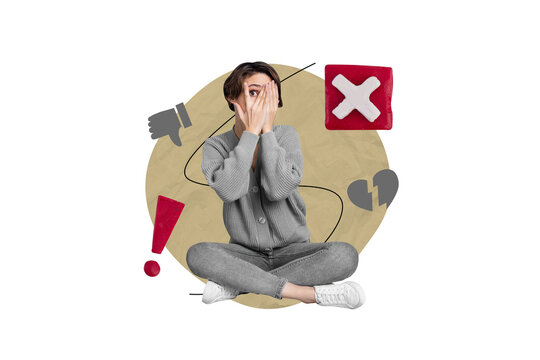 Picture photo collage artwork image sketch poster of worried nervous girl sitting avoiding society opinion isolated on drawing background