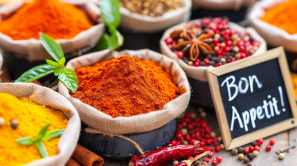 Food spices in colorful bowls with herbs and sign Bon Appetit decorating cooking background