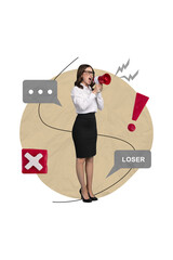 Artwork magazine collage picture of angry bossy lady screaming bullhorn mocking messages isolated...