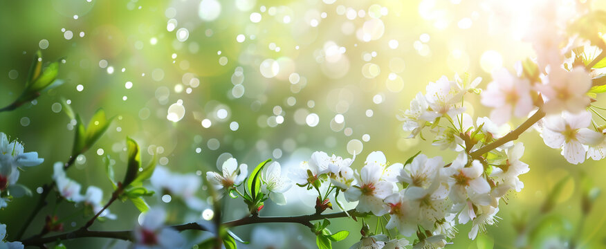 Fruit tree blossom, wild cherry apple tree detail of blossoms with blurred background in blue and green colors
