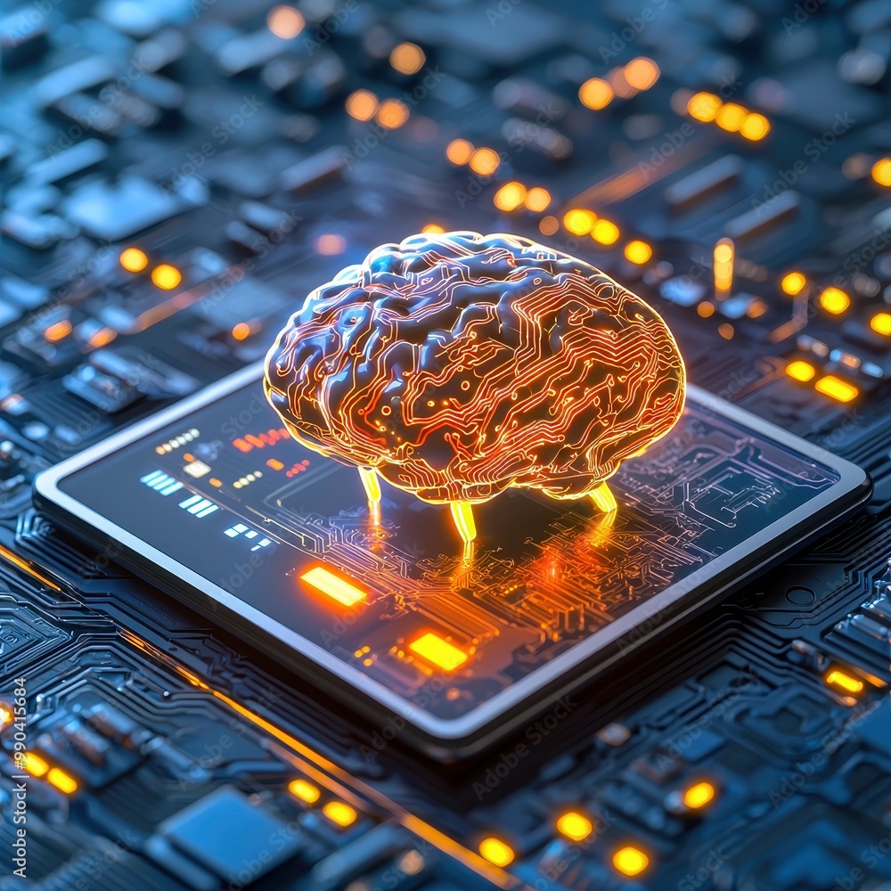 Poster abstract representation of a brain on a circuit board, symbolizing artificial intelligence and neura