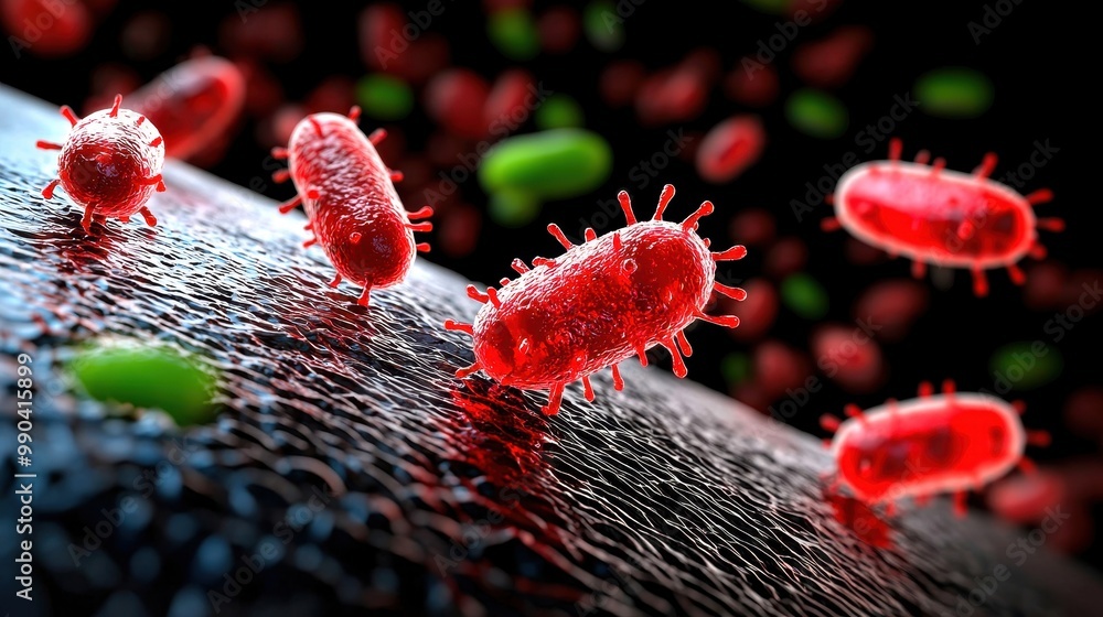 Poster close-up view of vibrant red bacteria in a microscopic environment, showcasing cellular structures a