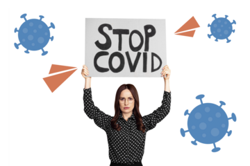 Creative drawing collage picture of strict serious woman worker teacher hold placard stop covid text health care activist bacteria virus