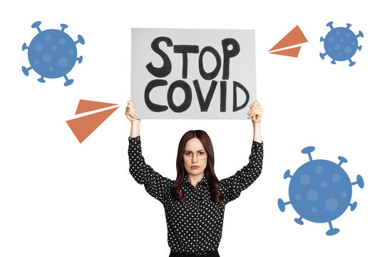 Creative drawing collage picture of strict serious woman worker teacher hold placard stop covid text health care activist bacteria virus