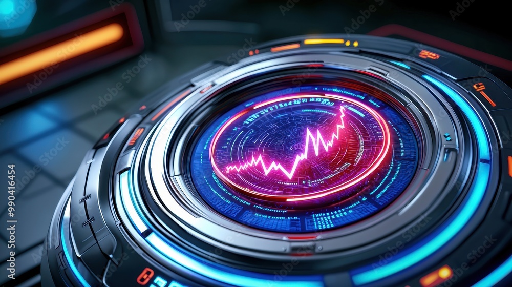 Poster futuristic design featuring glowing circular interface with vibrant data visualization and graphical