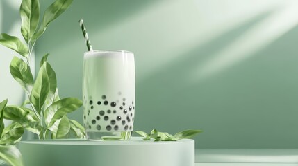 Bubble milk tea advertisement with leaves elements on summer background,Bubble milk tea ads with pouring milk,delicious tapioca,3d illustration,menu restaurant poster.