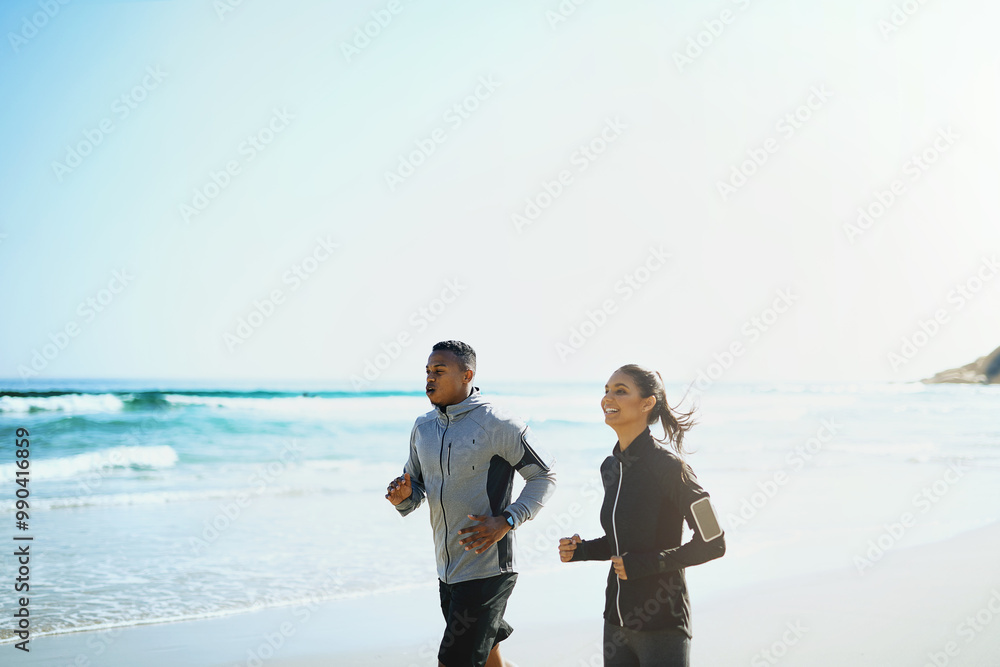 Wall mural Outdoor, running and couple with fitness at beach for morning cardio, endurance and training together. Man, woman and workout by water in nature for summer exercise, wellness and sports on weekend