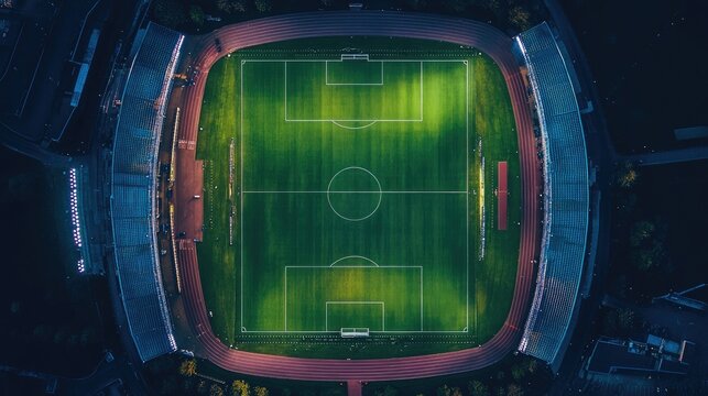 Aerial view of a glowing football field under stadium lights. The lush green grass and sleek architectural design create a vibrant, exciting sports atmosphere.