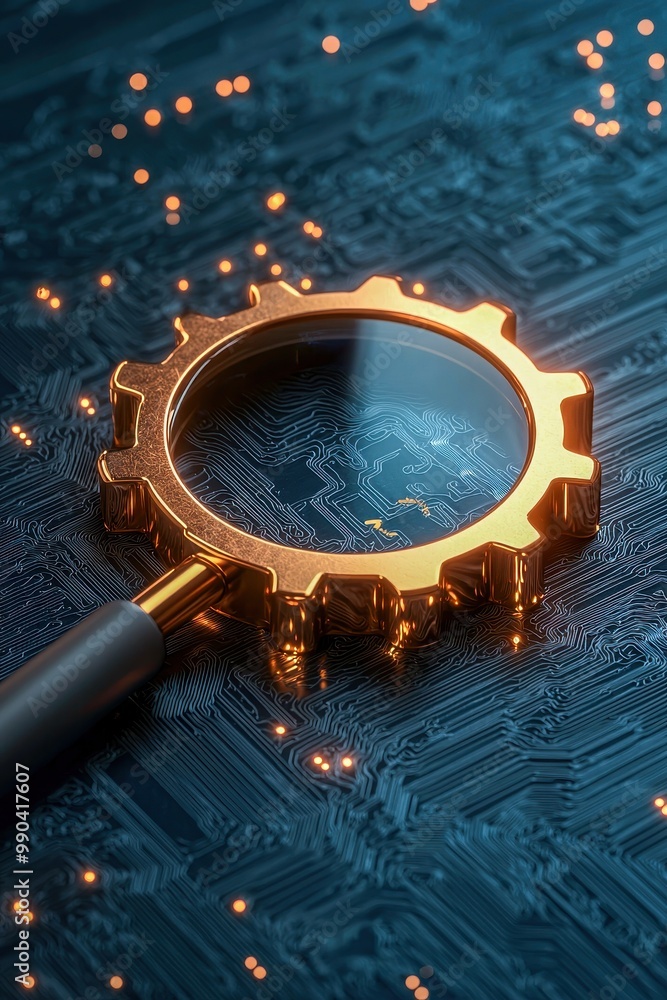 Poster a close-up of a golden magnifying glass resting on a circuit board, symbolizing analysis and technol
