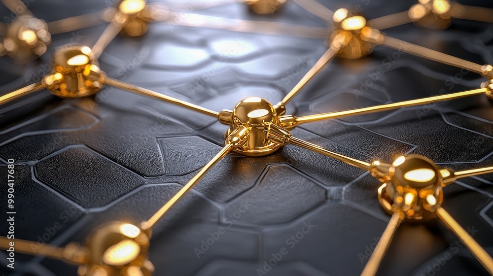 Poster A close-up view of interconnected golden nodes on a textured black surface, symbolizing networking and technology.