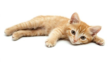 Playful Orange Kitten Lying on White Background