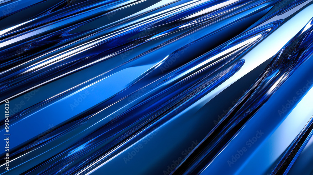 Poster shiny blue metallic abstract design with smooth curves and reflections in a dynamic arrangement crea