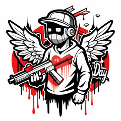 Baby Cupid Holding Two Guns Tattoo Idea , Kid playing with colorful water guns , cupid holding m16 machine gun 