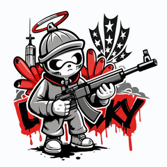 Baby Cupid Holding Two Guns Tattoo Idea , Kid playing with colorful water guns , cupid holding m16 machine gun 