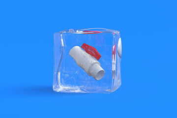 PVC valve in ice cube. 3d illustration