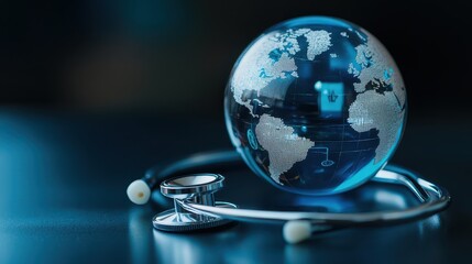 Glass globe with stethoscope on blue background,representing World Health Day, telemedicine business, and life insurance technology,Global Health Awareness,Save Earth,Green Earth Day,ESG.