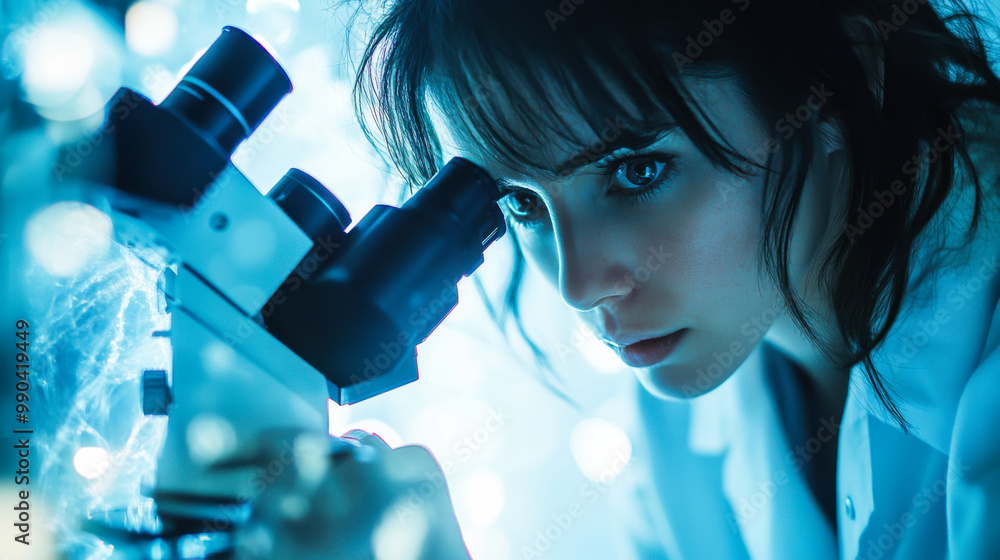 Poster young scientist examines samples closely using a microscope in a modern laboratory with vibrant ligh