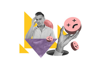 Composite collage picture image of sad upset man migraine headache hand hold emoji emoticon...
