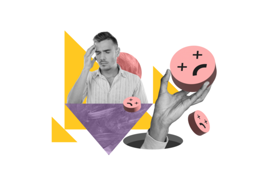 Composite collage picture image of sad upset man migraine headache hand hold emoji emoticon depressed despair therapy