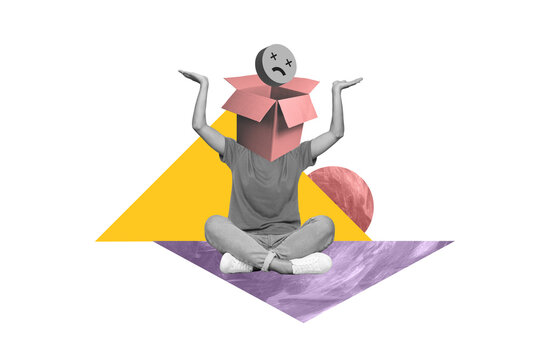 Creative drawing collage picture of&nbsp;young man head carton cardboard open box emoji emoticon face sign feelings emotions therapy session