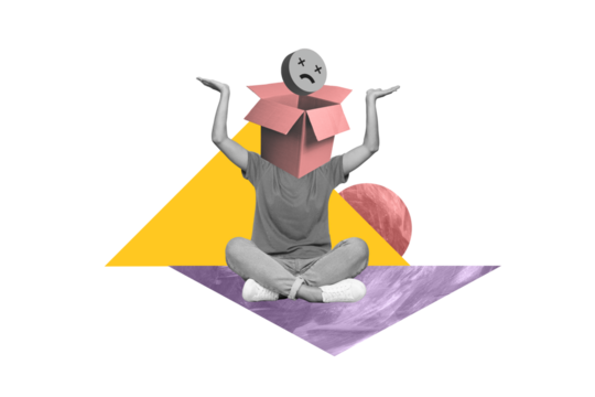 Creative drawing collage picture of young man head carton cardboard open box emoji emoticon face sign feelings emotions therapy session - Powered by Adobe