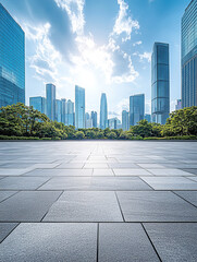 A modern city square, with skyscrapers in the background, a clear sky, and daylight