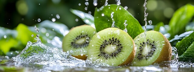 A few kiwi fruits, green leaves, and water splashing together, with the background blurred