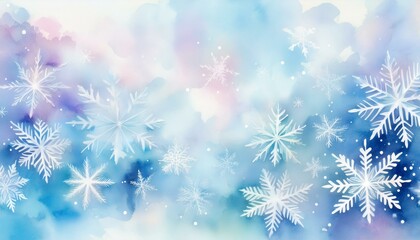 Pastel watercolor background featuring delicate snowflakes softly blurred on shades of blue and white, creating a serene winter atmosphere