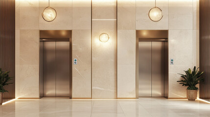 Luxury elevator lobby, marble flooring, chandelier lighting, opulent design, high-end interior, elegant architecture, rich textures, luxury real estate, modern lobby design, upscale building lobby, in