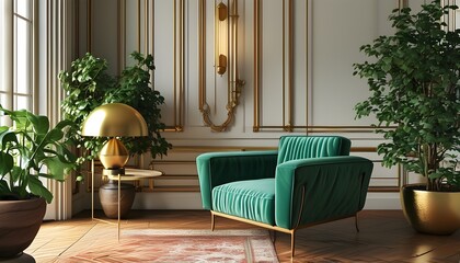 Chic Mid-Century Living Room with Emerald Armchair, Golden Lamp, and Lush Potted Plant