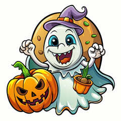 Halloween Themed Vector Design of Cute Anime Ghost with Pumpkin, Cute cartoon Halloween ghost with pumpkins , Spooky Halloween Logo Design and Wallpaper with Pumpkin on Black Background