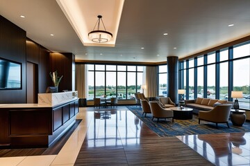 Fototapeta premium Stylish Hotel Lobby Design Featuring Panoramic Windows and Sophisticated Reception Desk