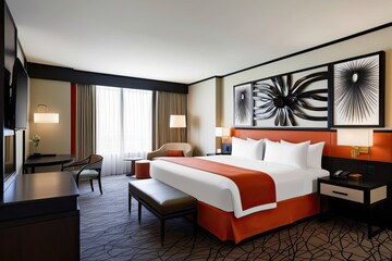 Modern Interior Design in a Spacious Hotel Room Featuring Chic 3D Art and Sophisticated Ambiance