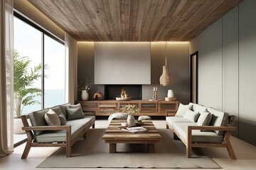 Serene Modern Home Interior Rendering with Reclaimed Wood Furniture and Tranquil Design