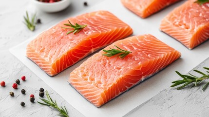 Fresh salmon fillets with herbs, perfect for healthy cooking and meal preparation.