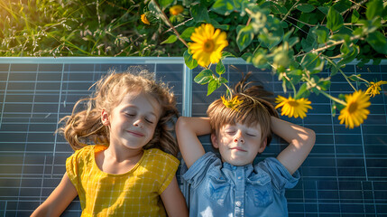 Top view of two young siblings lying on roof with solar panels. Rooftop solar or photovoltaic system. Sustainable future for next generation