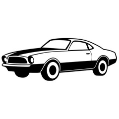 A drawing of a car with the word car on it , Black and white clipart cutout silhouette vehicles illustrations , Classic car. Silhouette of a vintage car. Side view. Raster. 