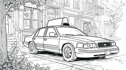 New York Cab Car Parked Next to Sidewalk Coloring Book Page for Kids Classic Yellow Taxi Illustration Urban Scene Fun Cityscape Drawing for Children Iconic Vehicle Art Page