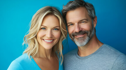 A couple smiles warmly against a vibrant blue backdrop, capturing a moment of joy and connection in a bright daytime setting