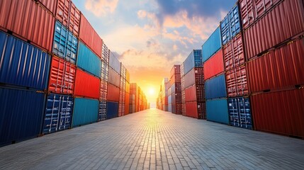 Fototapeta premium Cargo containers stacked with barriers between them, representing trade restrictions and economic limitations in global markets.