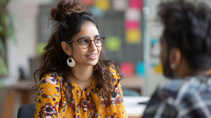Two Diverse Colleagues Having a Conversation While Busy Working on a Corporate Team Project. South Asian Female Designer Talking with an Indian Project Manager. Teamwork in a Busi
